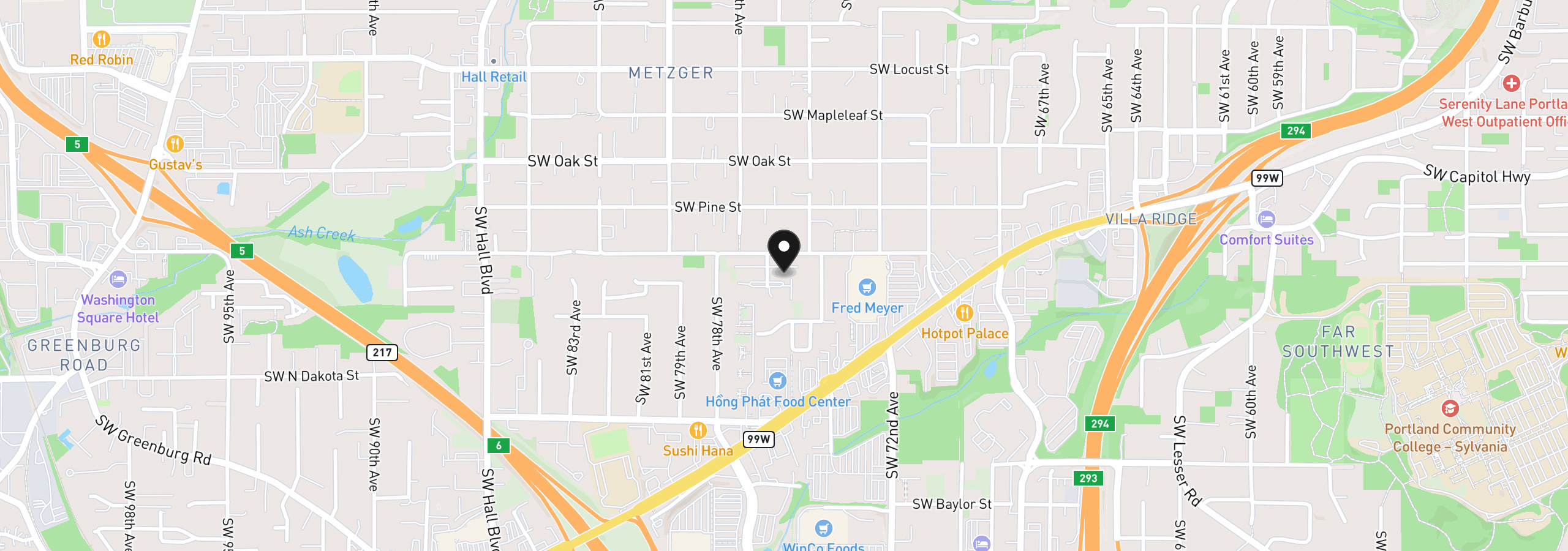 Map showing the location of 10900 SW 76th Pl 29, Portland, OR 97223