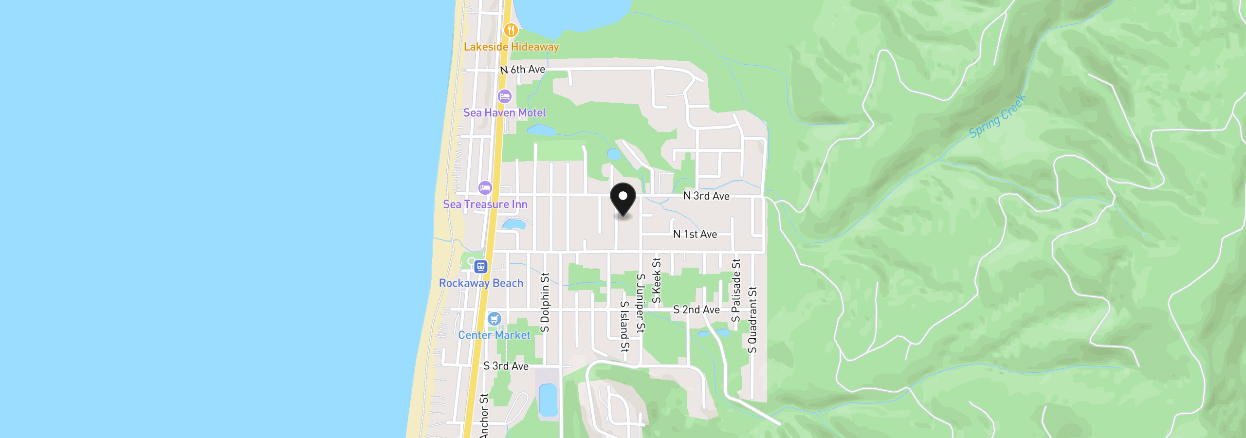 Map showing the location of 164 N Harbor St, Rockaway Beach, OR 97136