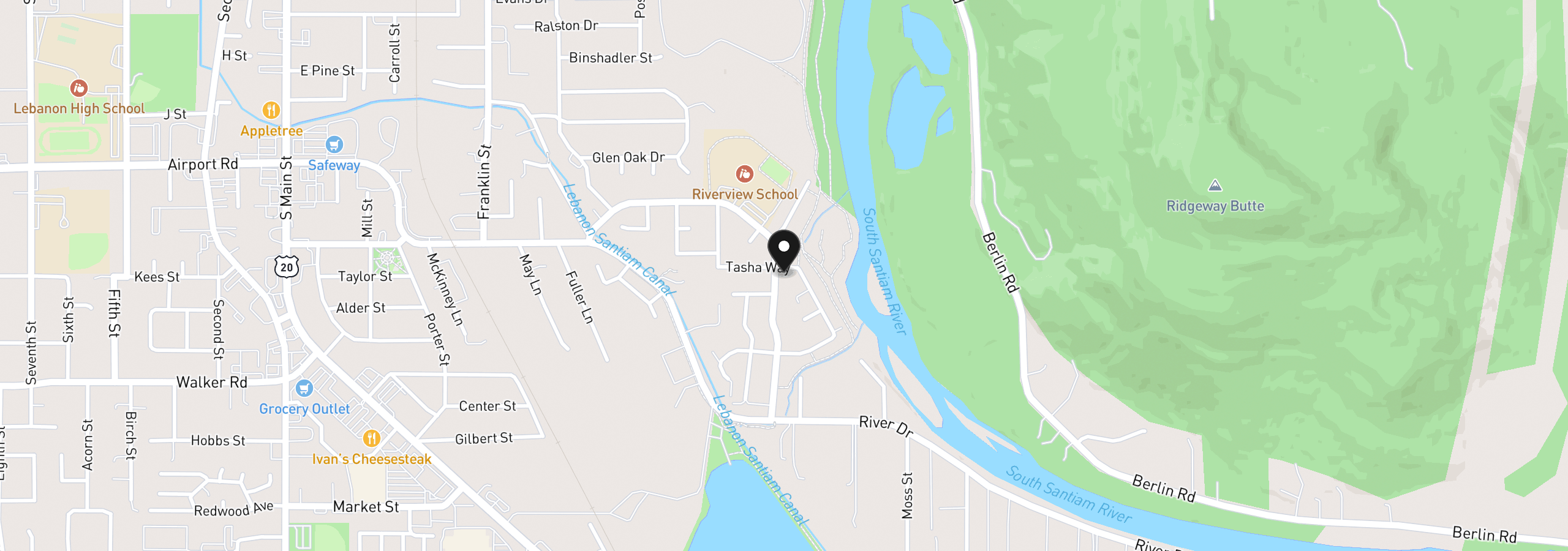 Map showing the location of 1000 Tasha Way, Lebanon, OR 97355