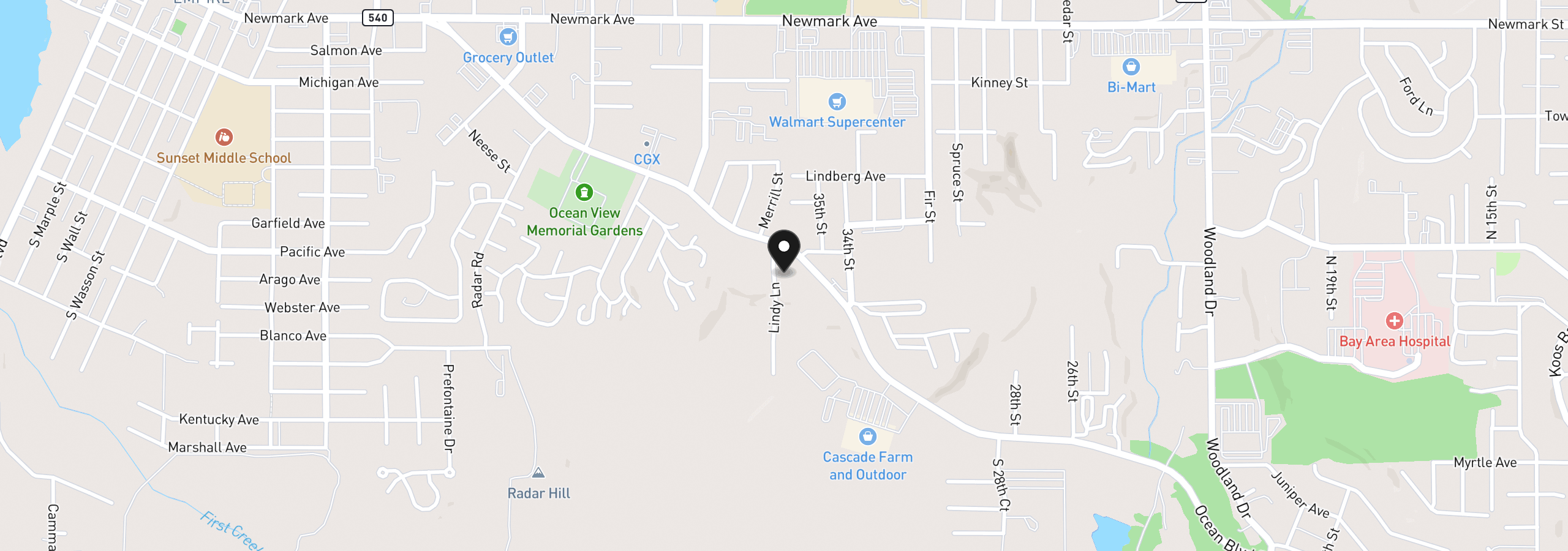 Map showing the location of 565 Lindy Ln, Coos Bay, OR 97420