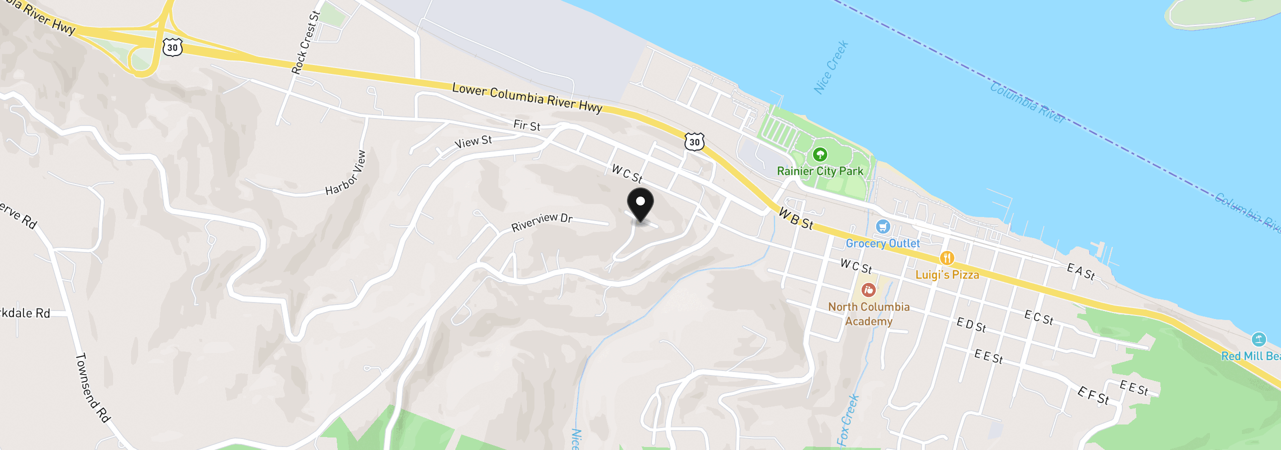 Map showing the location of 30013 Maple Dr, Rainier, OR 97048