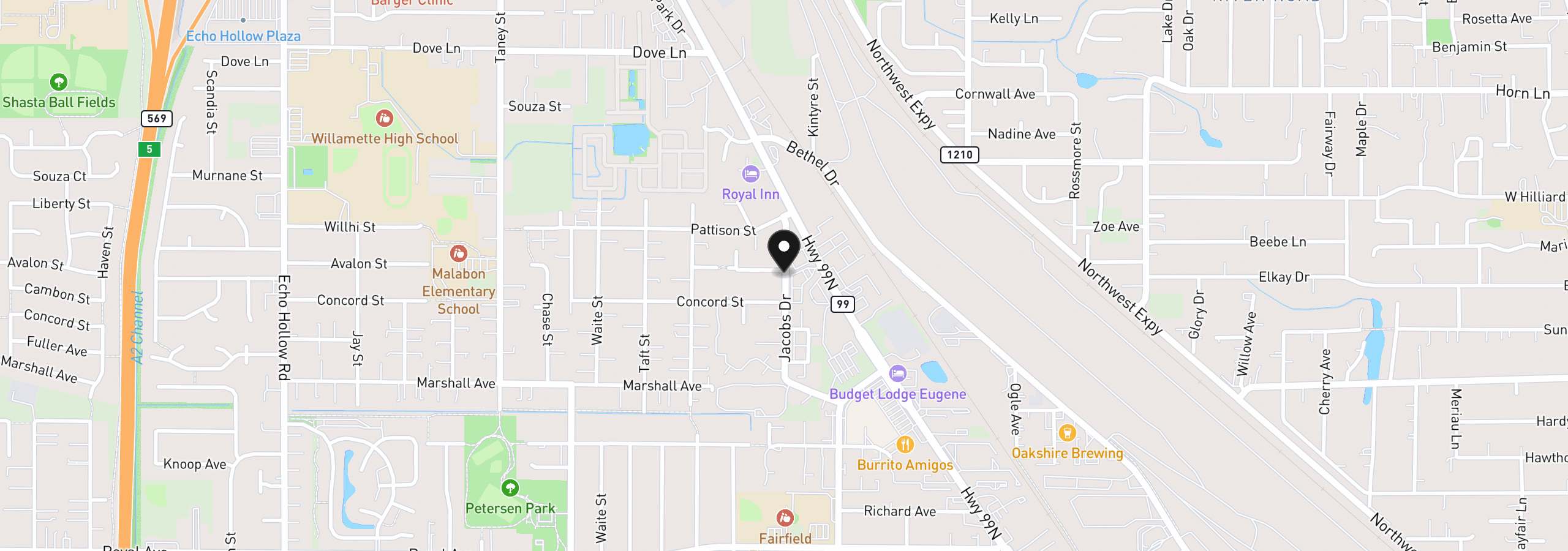 Map showing the location of 1392 Jacobs Dr, Eugene, OR 97402