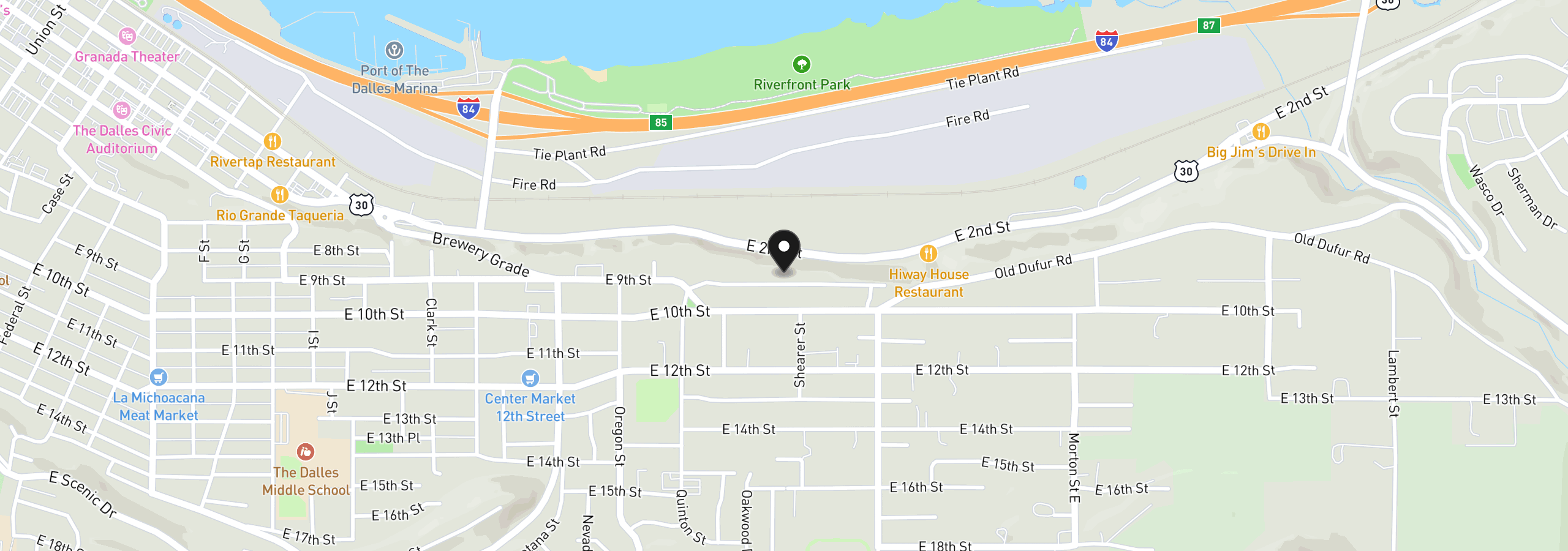 Map showing the location of E 9th, The Dalles, OR 97058