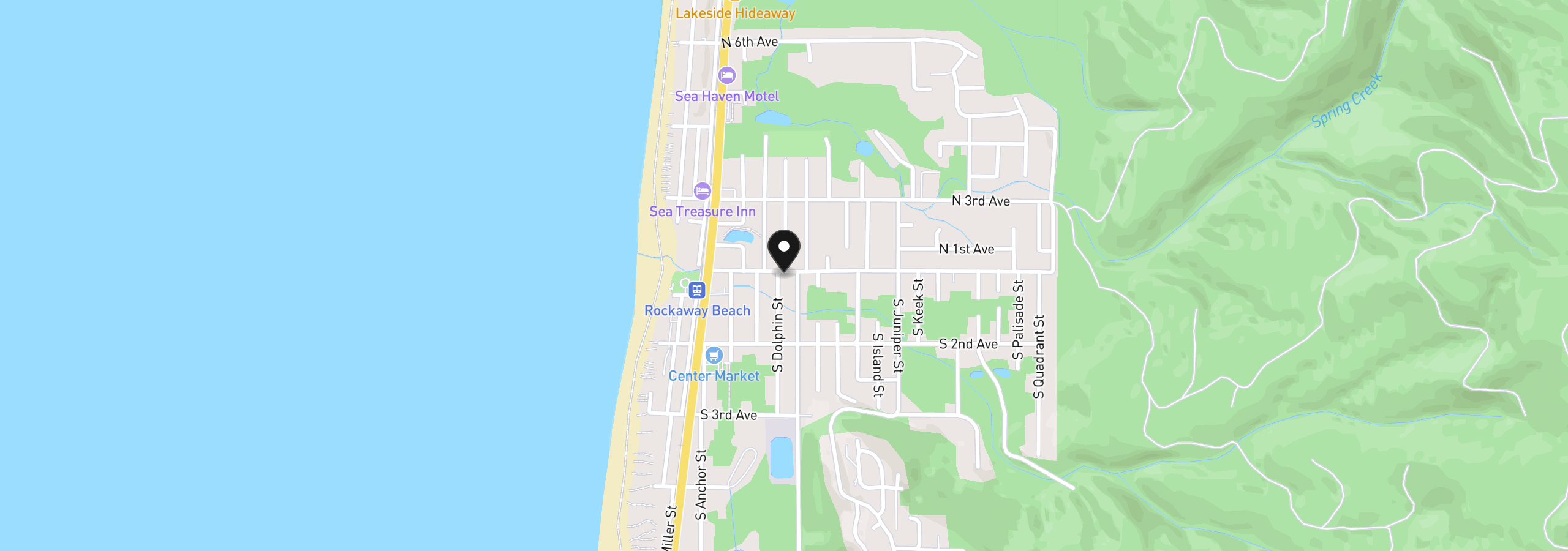 Map showing the location of 102 S Dolphin St, Rockaway Beach, OR 97136