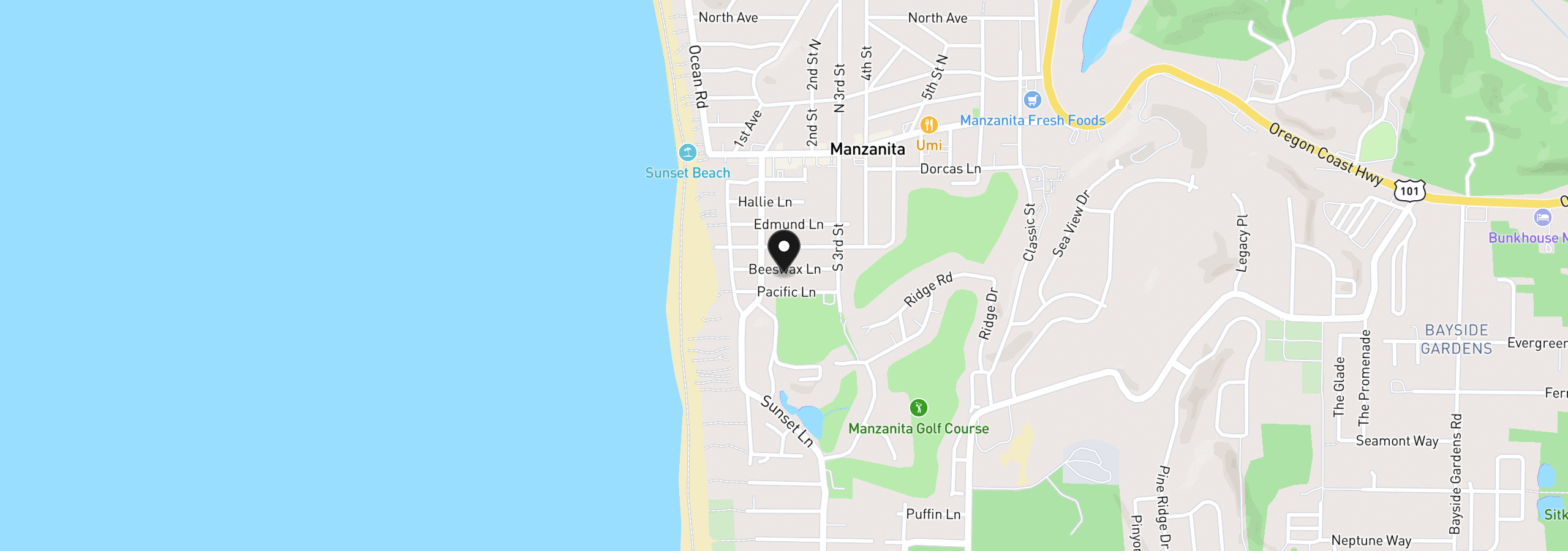 Map showing the location of 156 Beeswax Ln, Manzanita, OR 97130