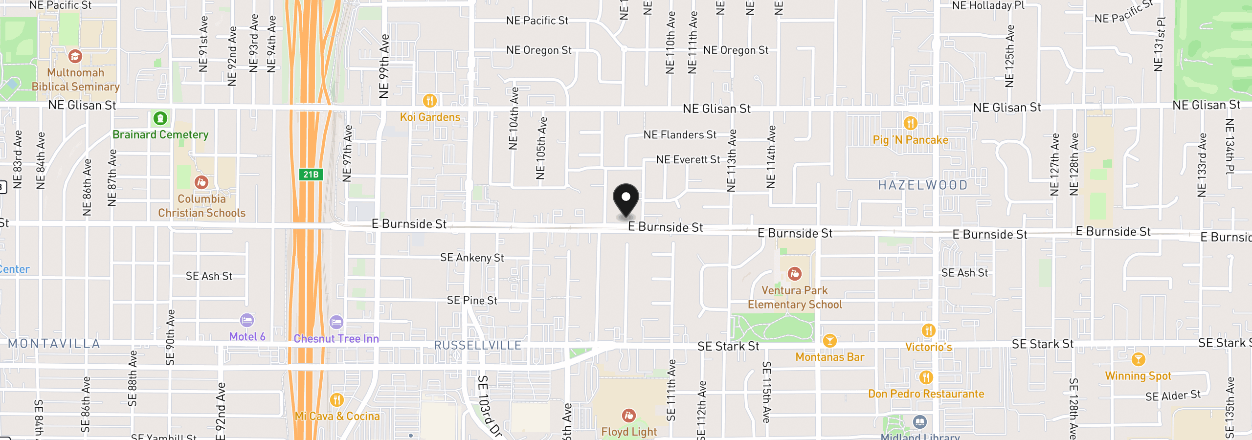 Map showing the location of 10831 E Burnside St, Portland, OR 97216