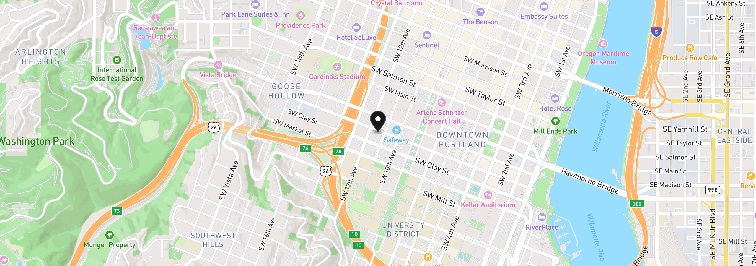 Map showing the location of 1104 SW Columbia St 306, Portland, OR 97201