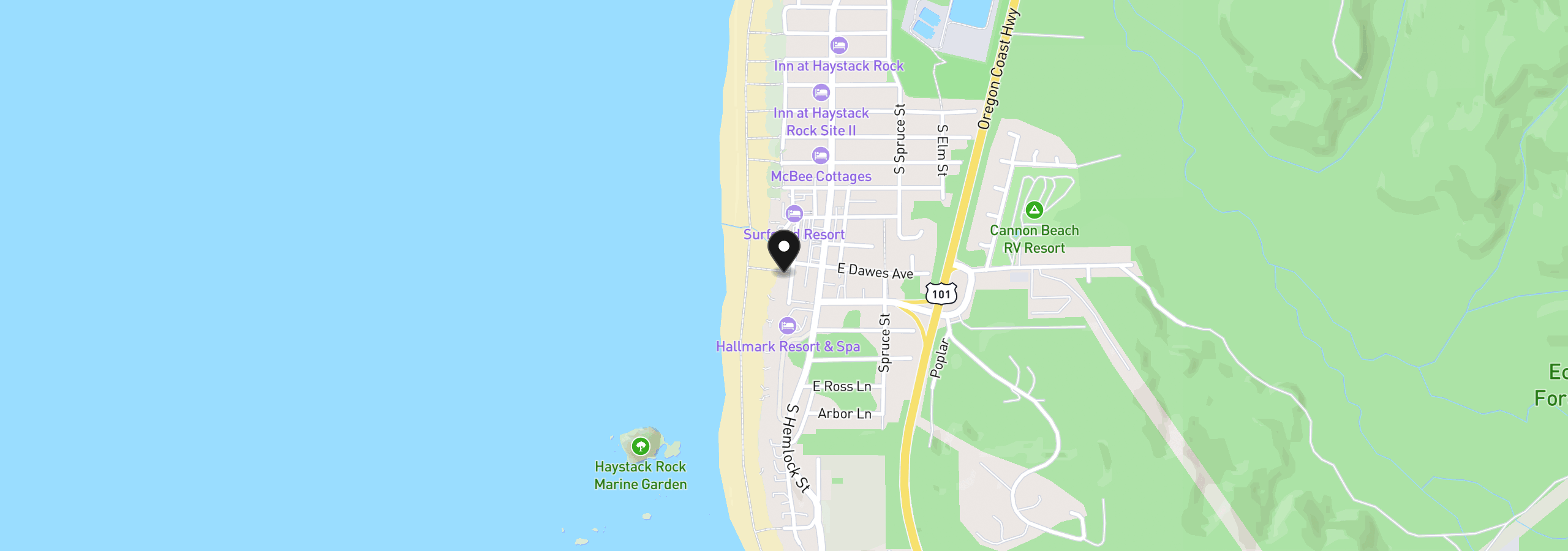 Map showing the location of 1338 Pacific Dr, Cannon Beach, OR 97110