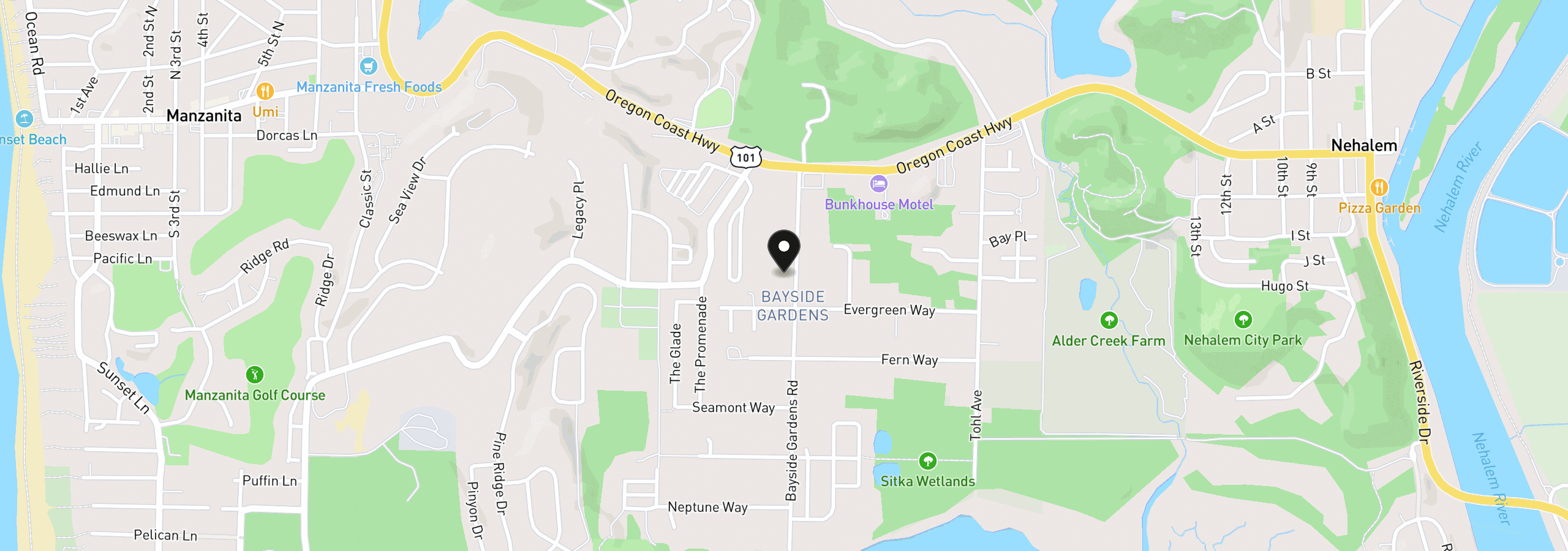 Map showing the location of 35260 Bayside Gardens Rd, Nehalem, OR 97131