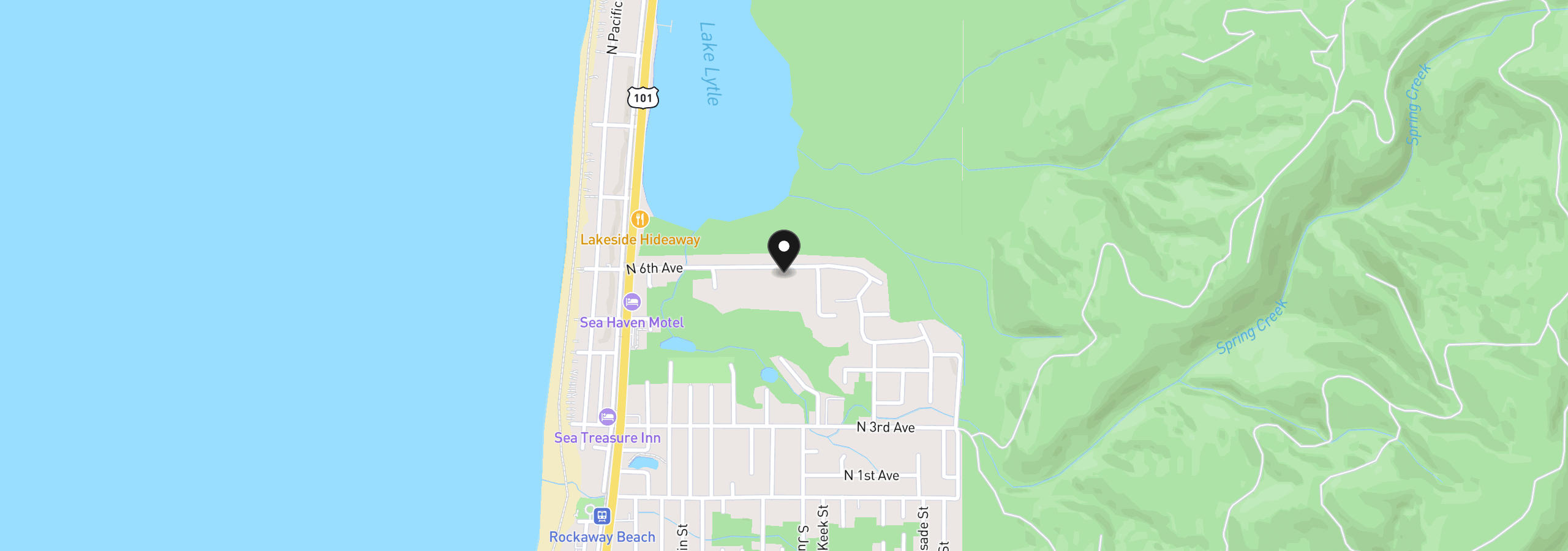 Map showing the location of N 6th Ave 494, Rockaway Beach, OR 97136