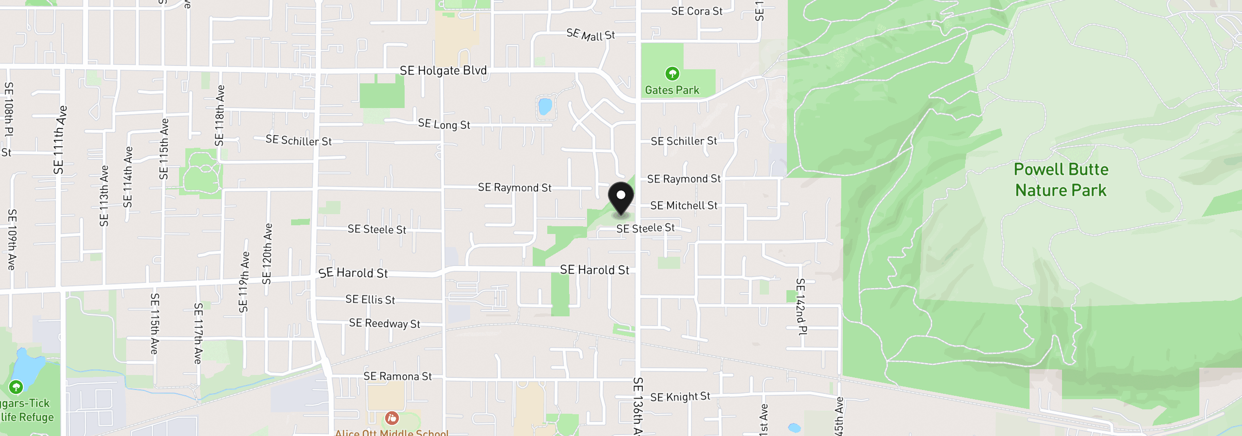Map showing the location of SE Steele St, Portland, OR 97236