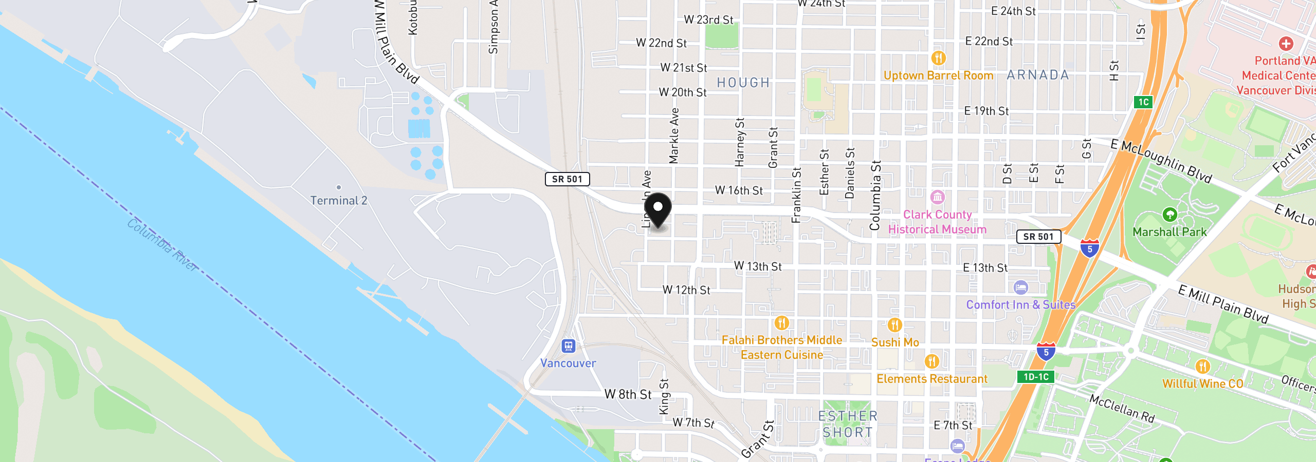 Map showing the location of 1108 W 14th St, Vancouver, Wa 98660