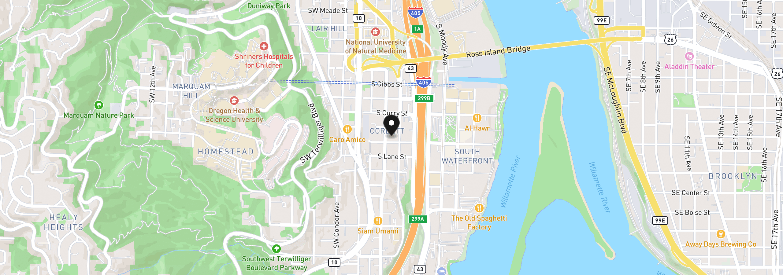 Map showing the location of 215 S Gaines St, Portland, OR 97239