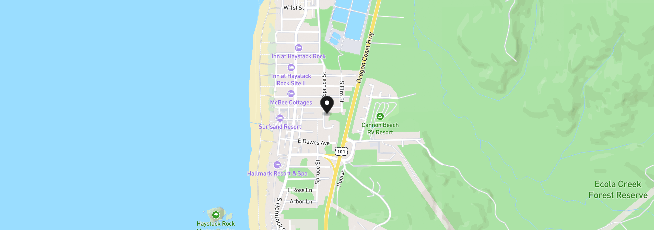 Map showing the location of 216 Gower St, Cannon Beach, OR 97110