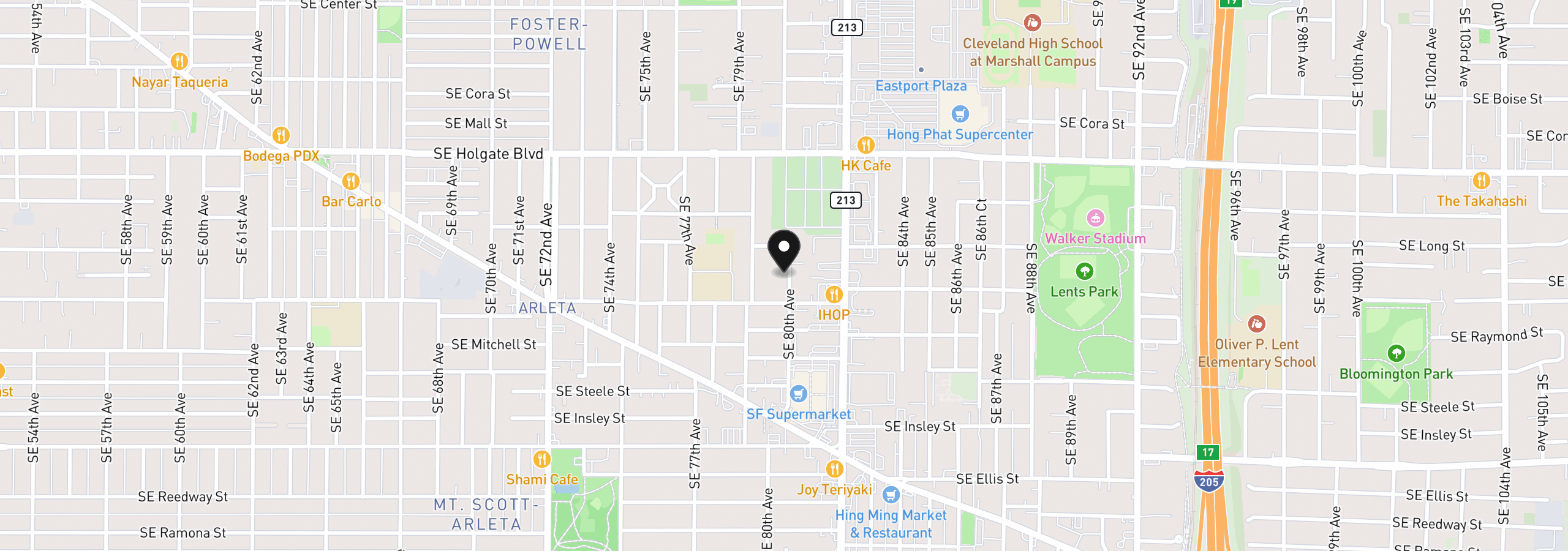 Map showing the location of 4909 SE 80th Ave, Portland, OR 97206