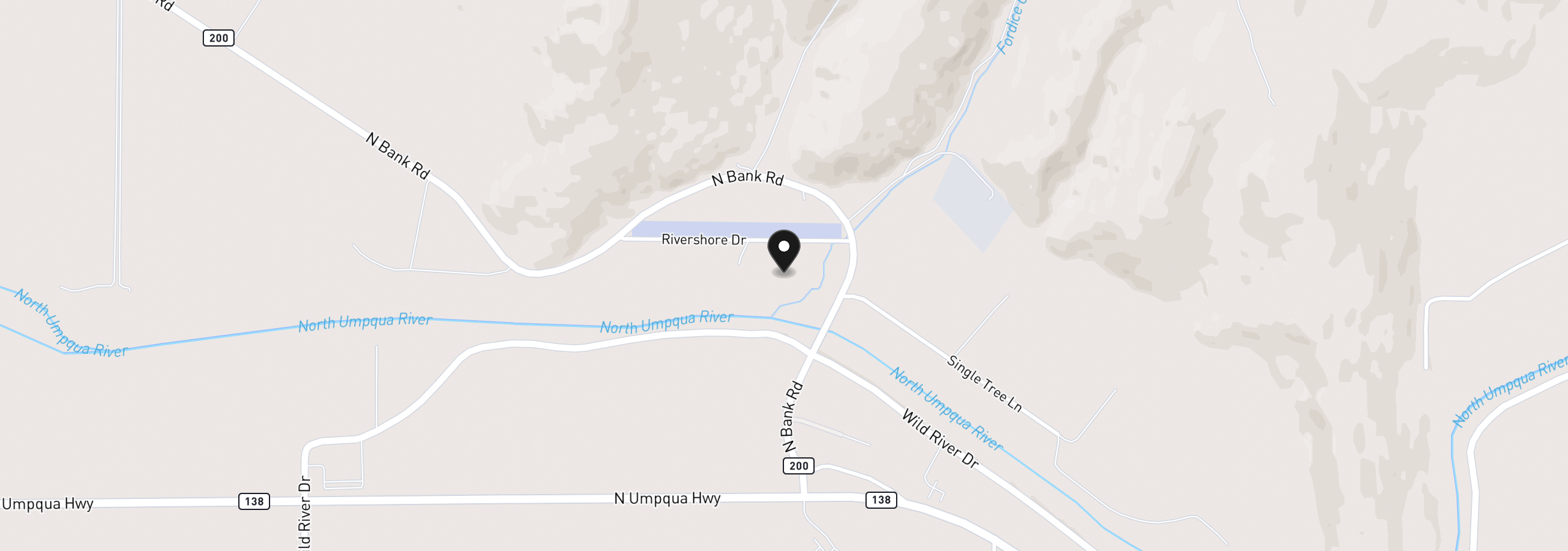 Map showing the location of 200 Rivershore Dr, Roseburg, OR 97470