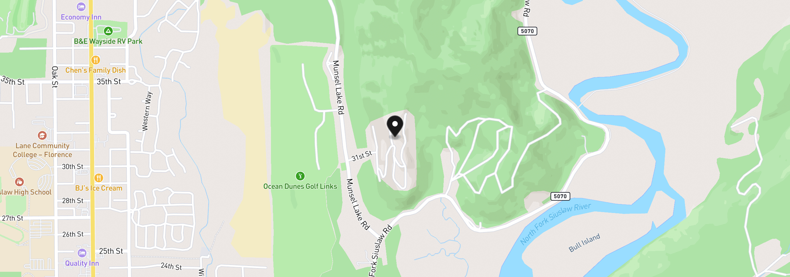 Map showing the location of Jake Mann Ln 8400, Florence, OR 97439