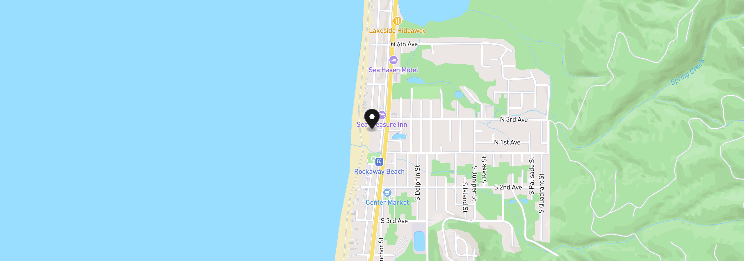 Map showing the location of 160 N 3rd Ave, Rockaway Beach, OR 97136