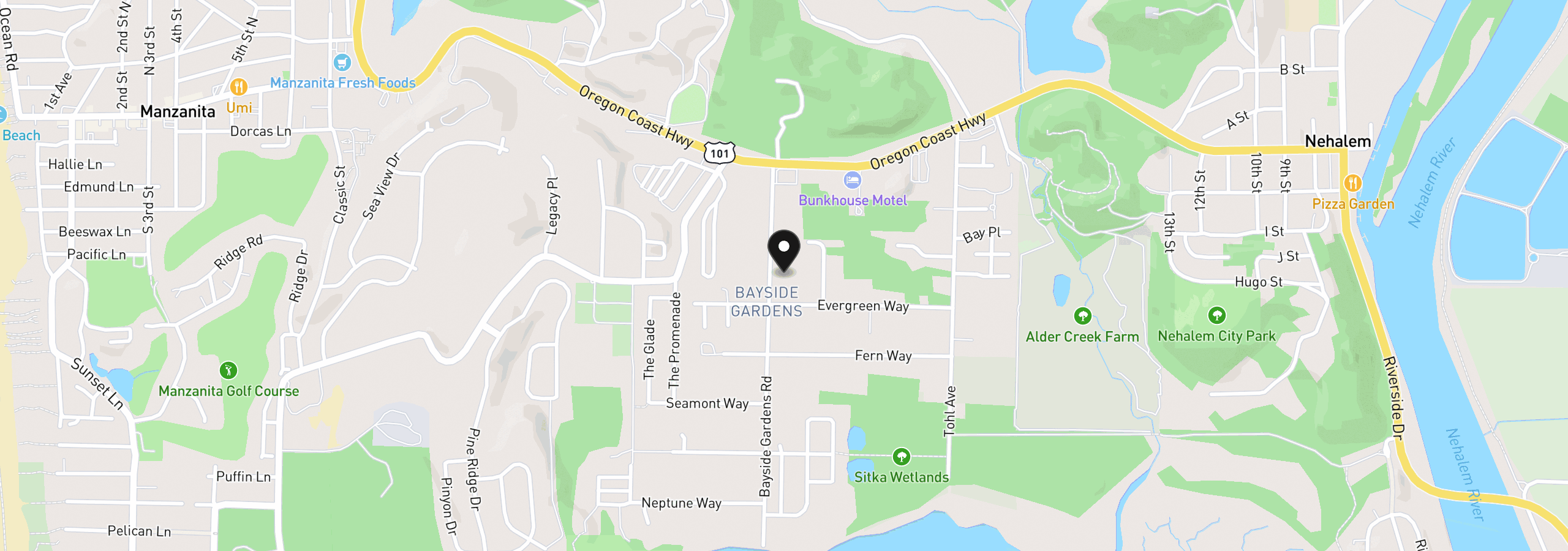 Map showing the location of 35255 Bayside Gardens Rd, Nehalem, OR 97131