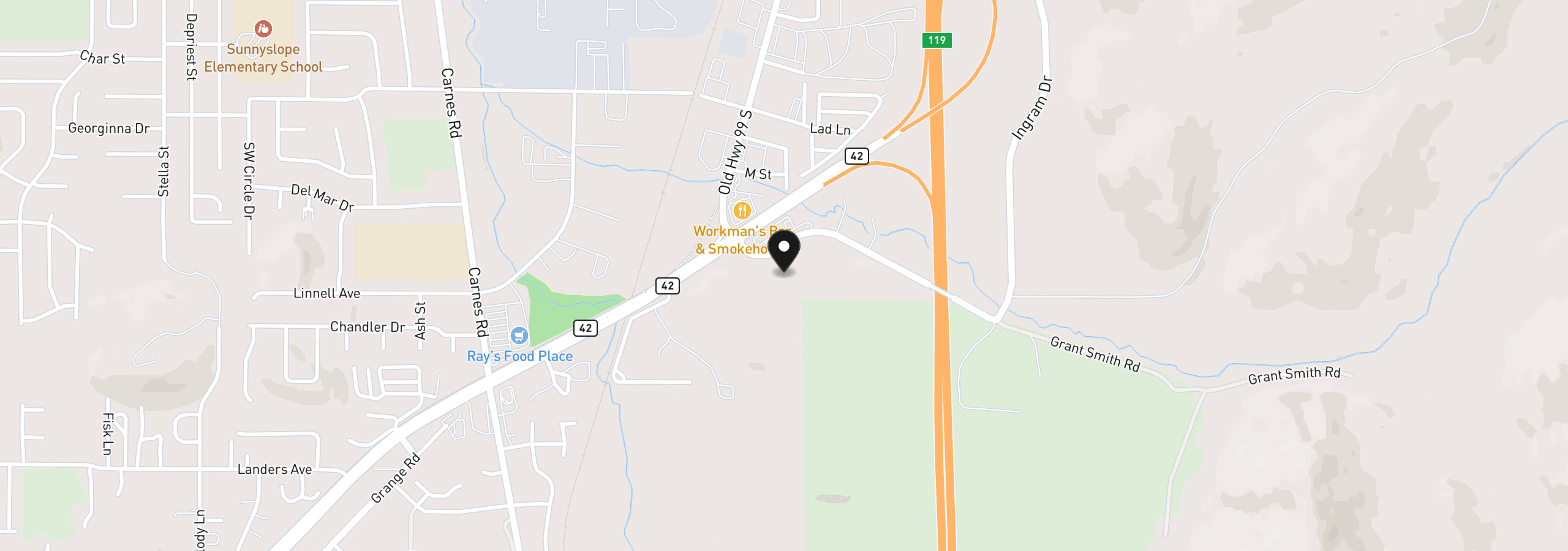 Map showing the location of 261 Grant Smith Rd, Roseburg, OR 97471