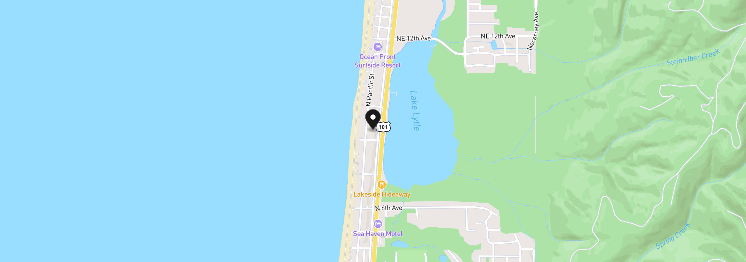 Map showing the location of 821 N Miller St, Rockaway Beach, OR 97136