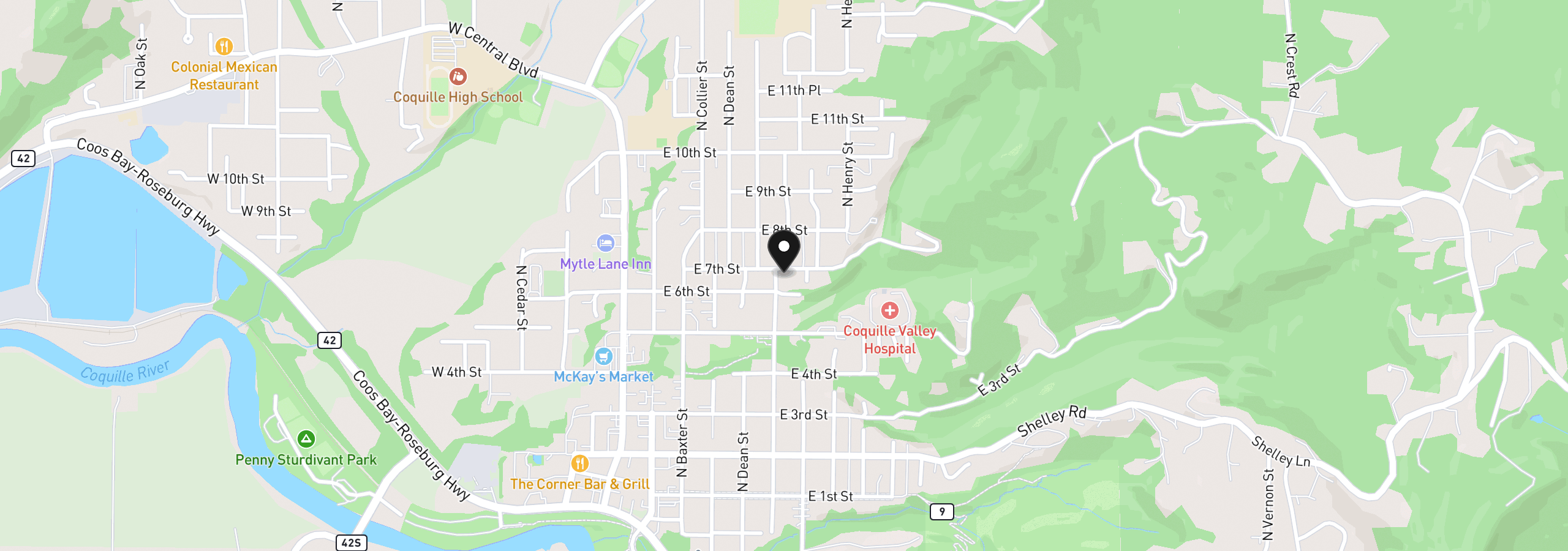 Map showing the location of 692 N Elliott St, Coquille, OR 97423