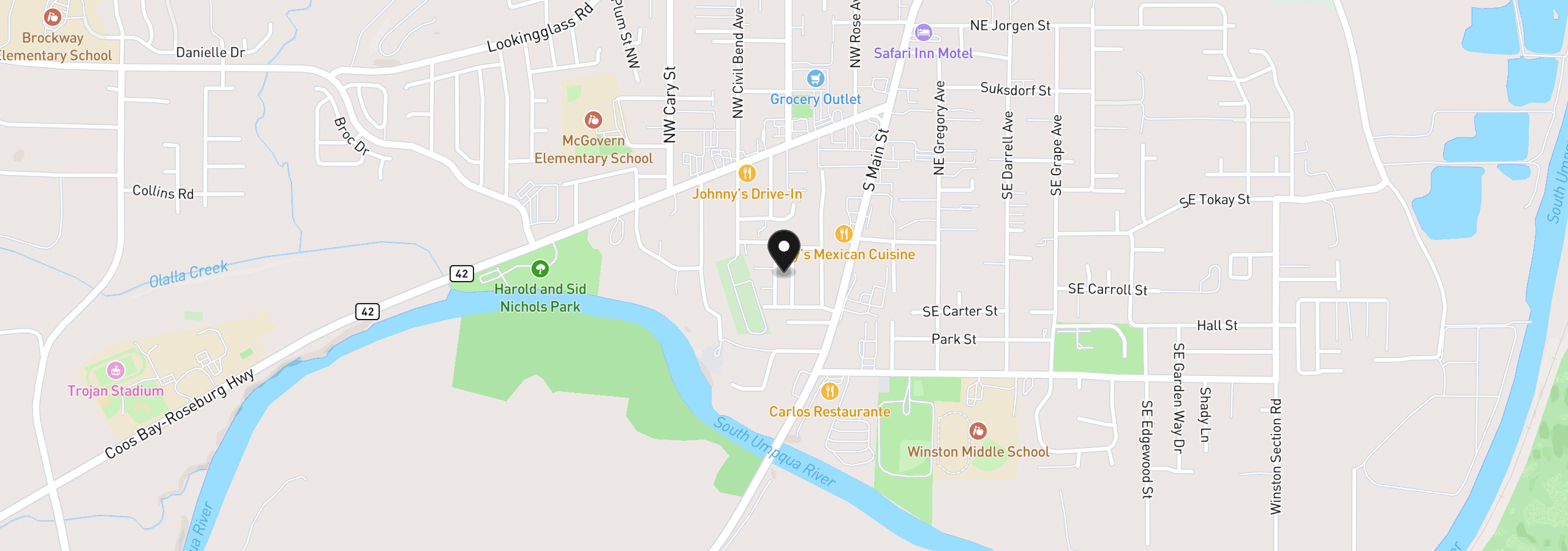 Map showing the location of 101 SW Peach Ln, Winston, OR 97496