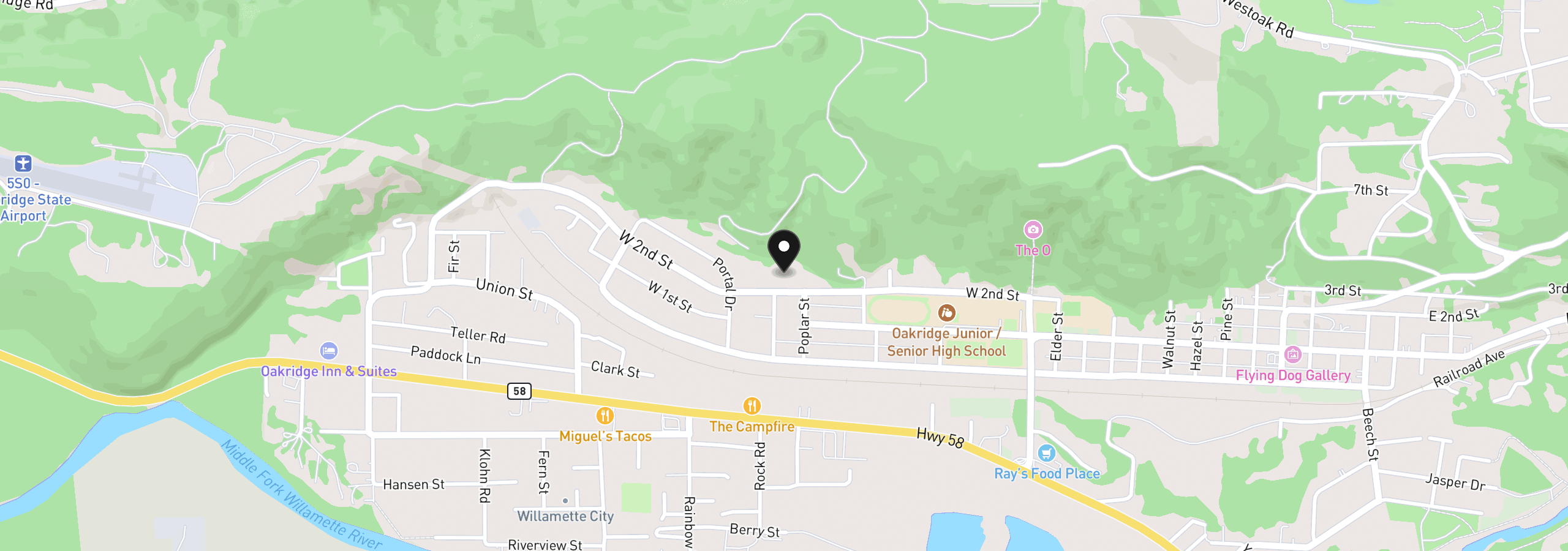 Map showing the location of 47849 W 2nd St, Oakridge, OR 97463