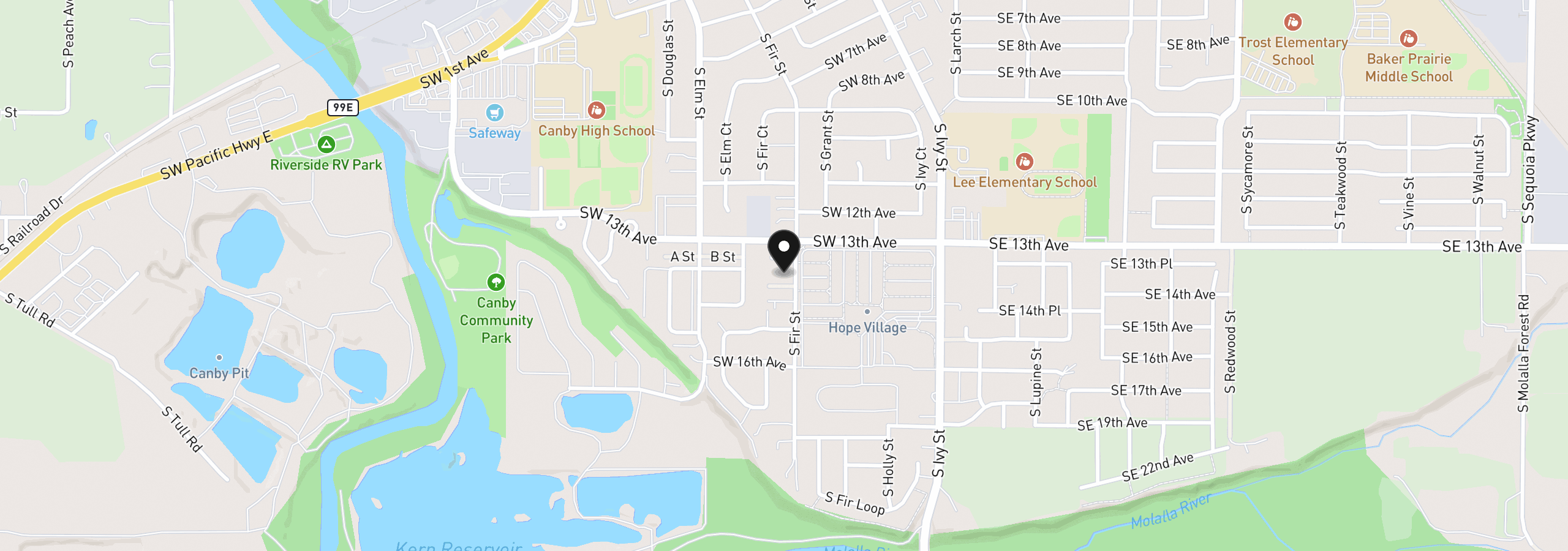 Map showing the location of 448 SW 15th Ave 14, Canby, OR 97013