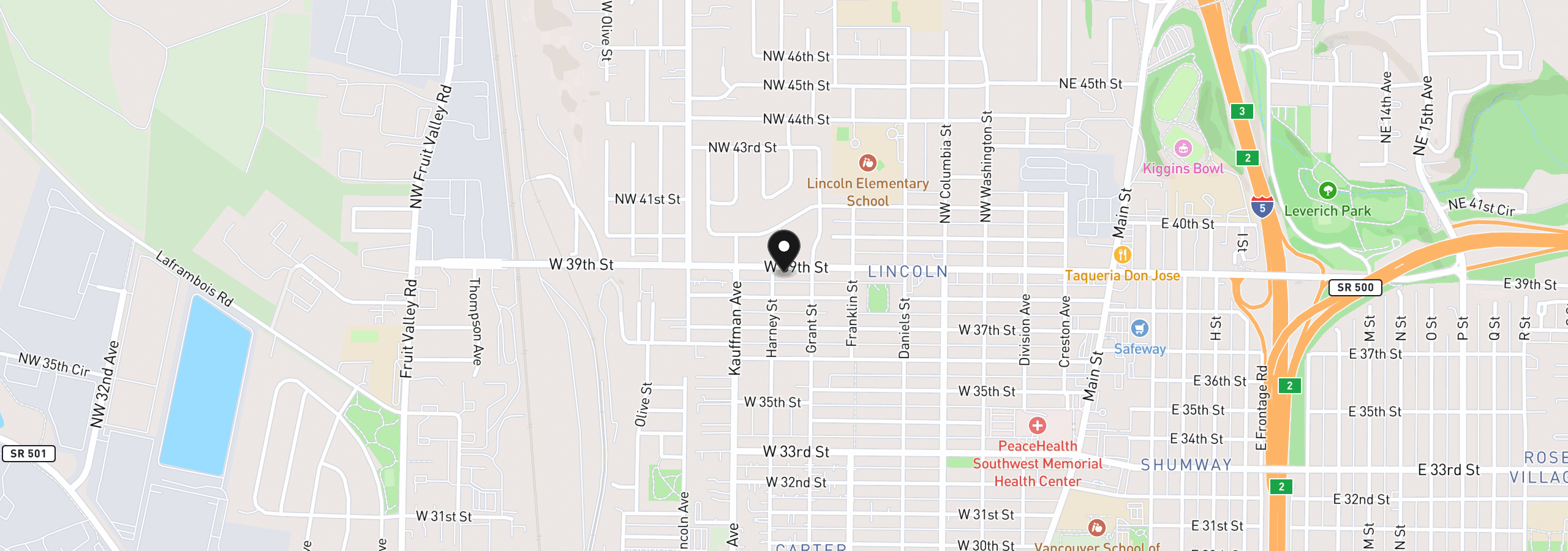 Map showing the location of 807 W 39th St, Vancouver, Wa 98660