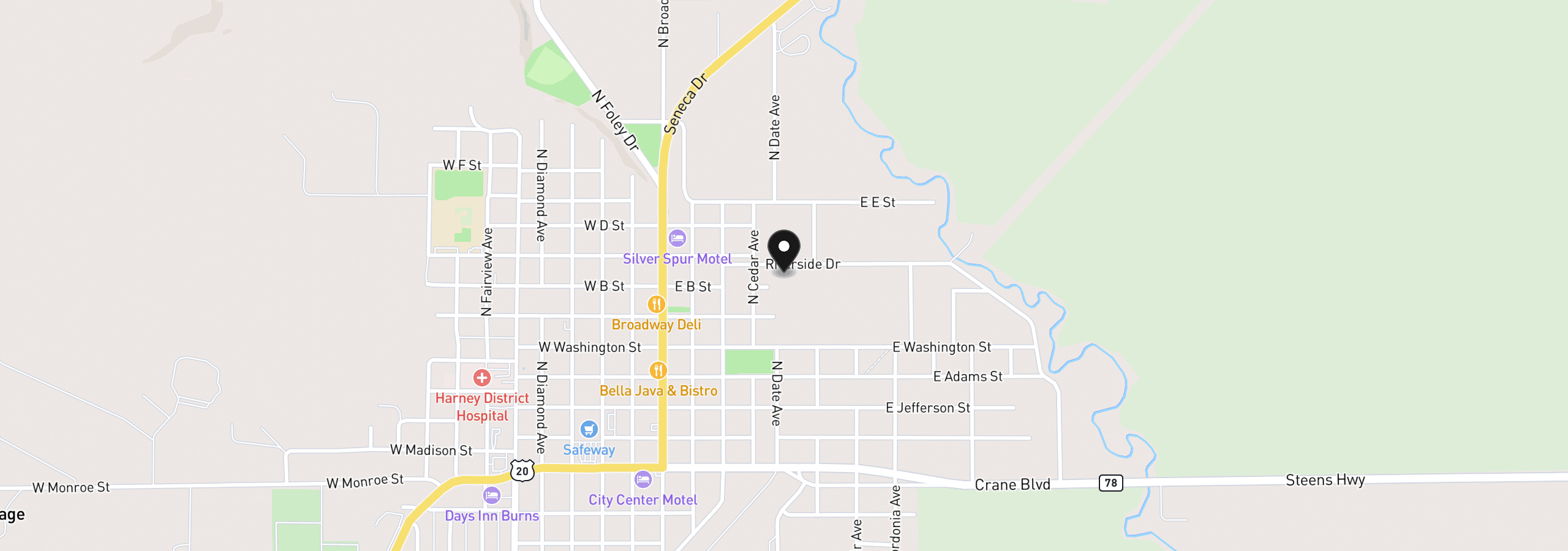 Map showing the location of 445 Riverside Dr, Burns, OR 97720