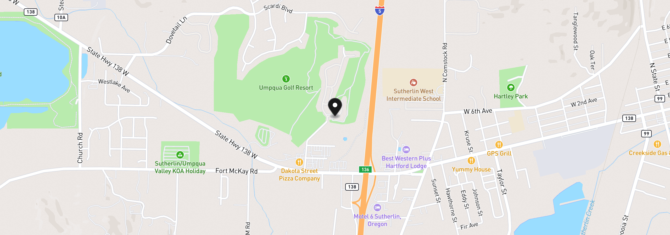 Map showing the location of 374 Bentgrass Ct, Sutherlin, OR 97479