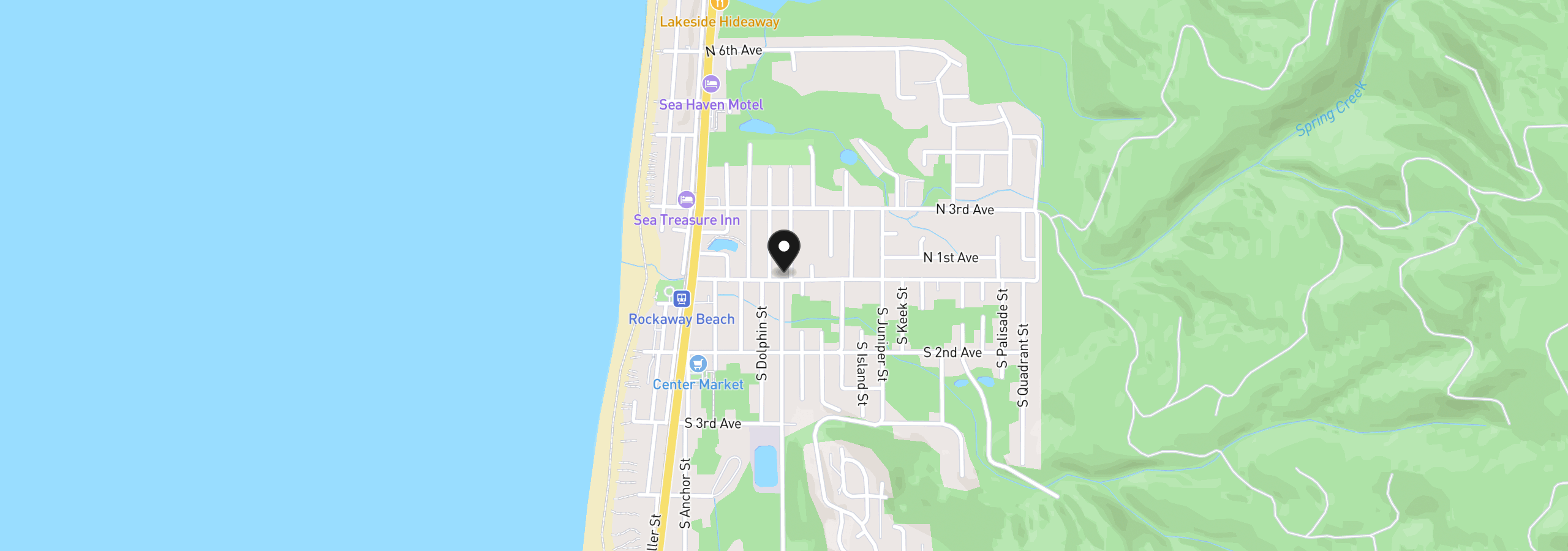 Map showing the location of 409 Nehalem Ave, Rockaway Beach, OR 97136