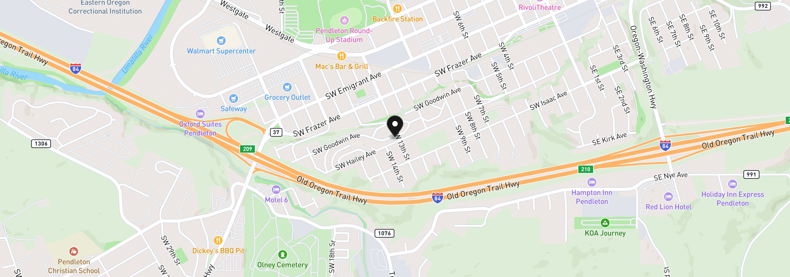 Map showing the location of 1302 SW Goodwin Pl, Pendleton, OR 97801