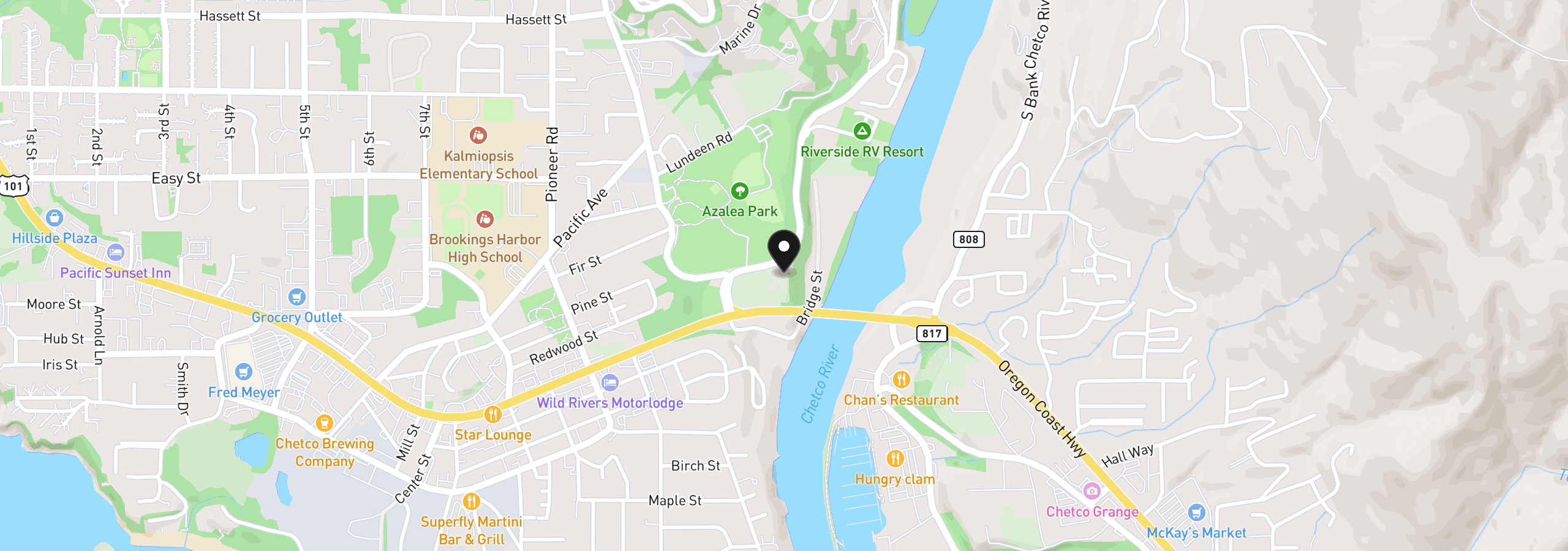 Map showing the location of 205 N Bank Chetco River Rd, Brookings, OR 97415