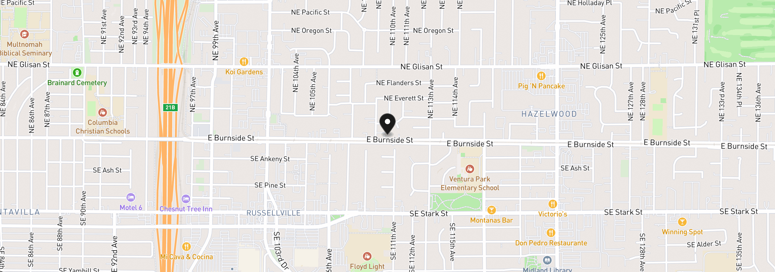 Map showing the location of 10985 E Burnside St 9, Portland, OR 97216