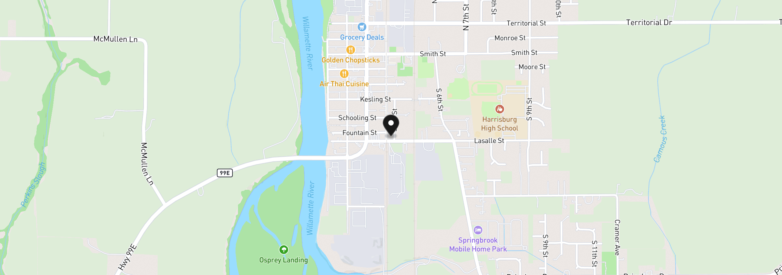 Map showing the location of 680 S 5th St, Harrisburg, OR 97446