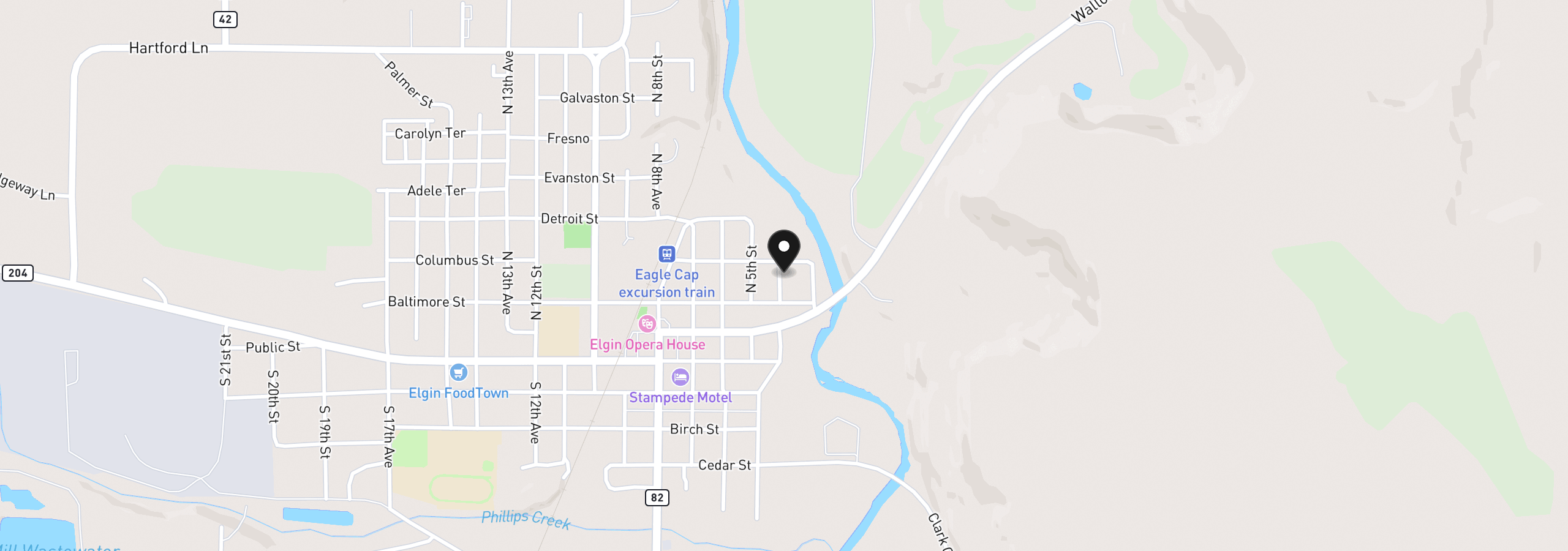 Map showing the location of 265 N 4th Ave, Elgin, OR 97827