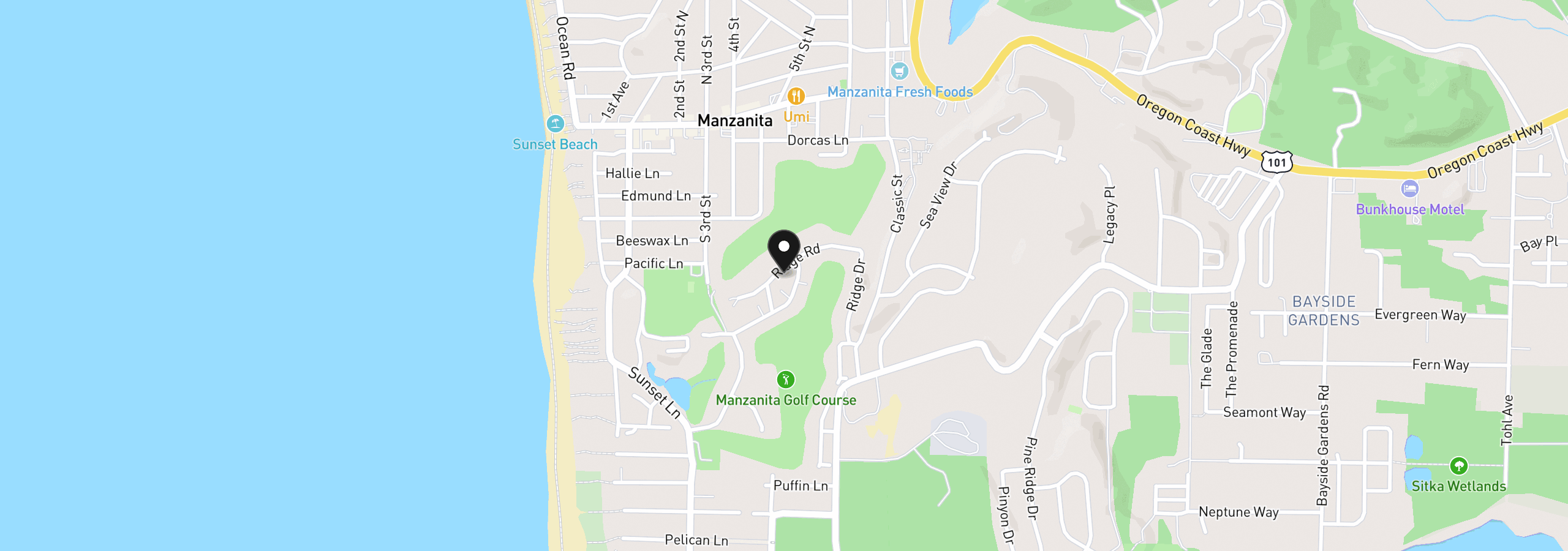 Map showing the location of 486 Ridge Rd, Manzanita, OR 97130
