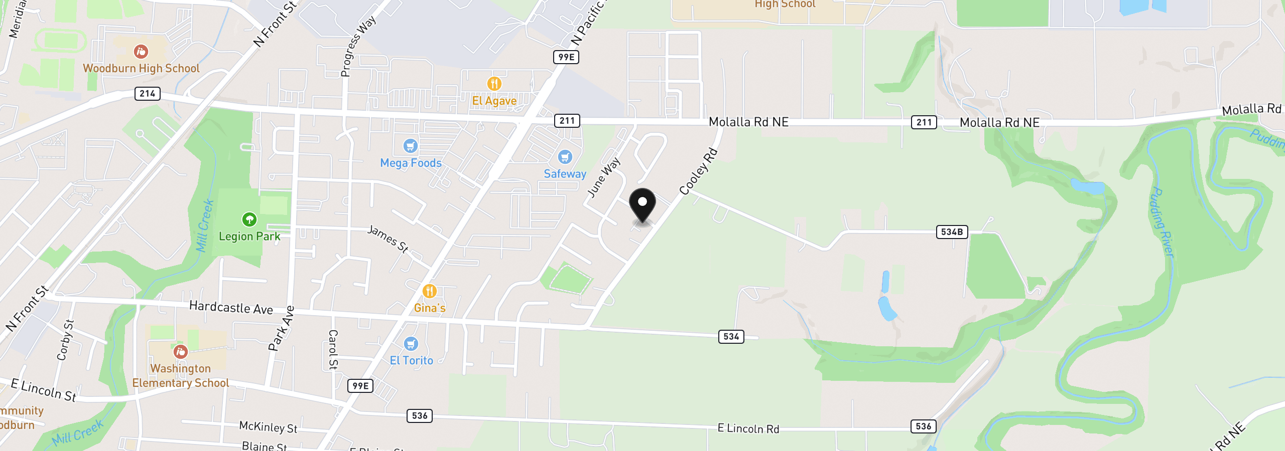 Map showing the location of 1479 - 1491 Barn St, Woodburn, OR 97071