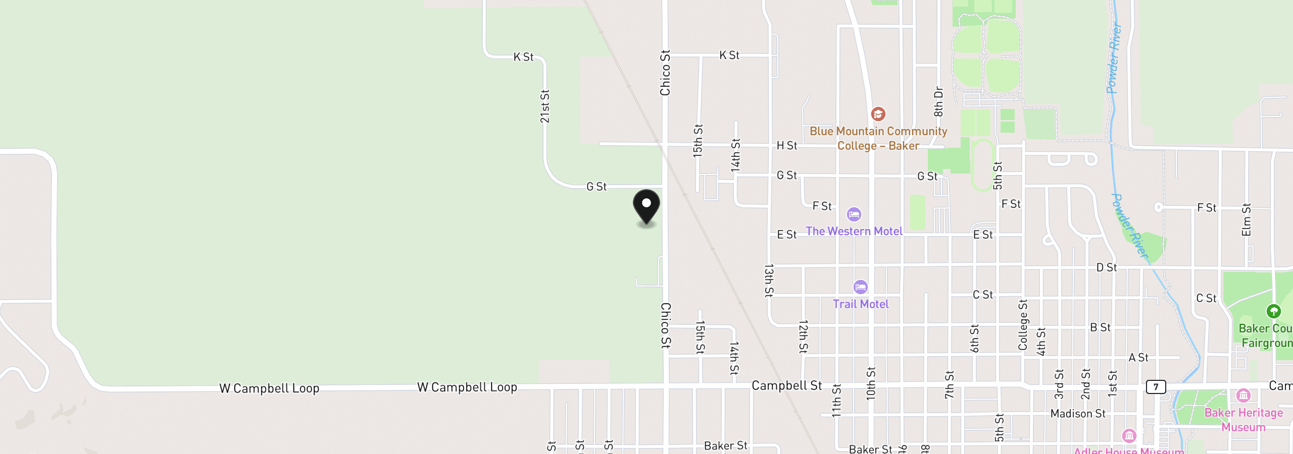 Map showing the location of 2 E St, Baker City, OR 97814