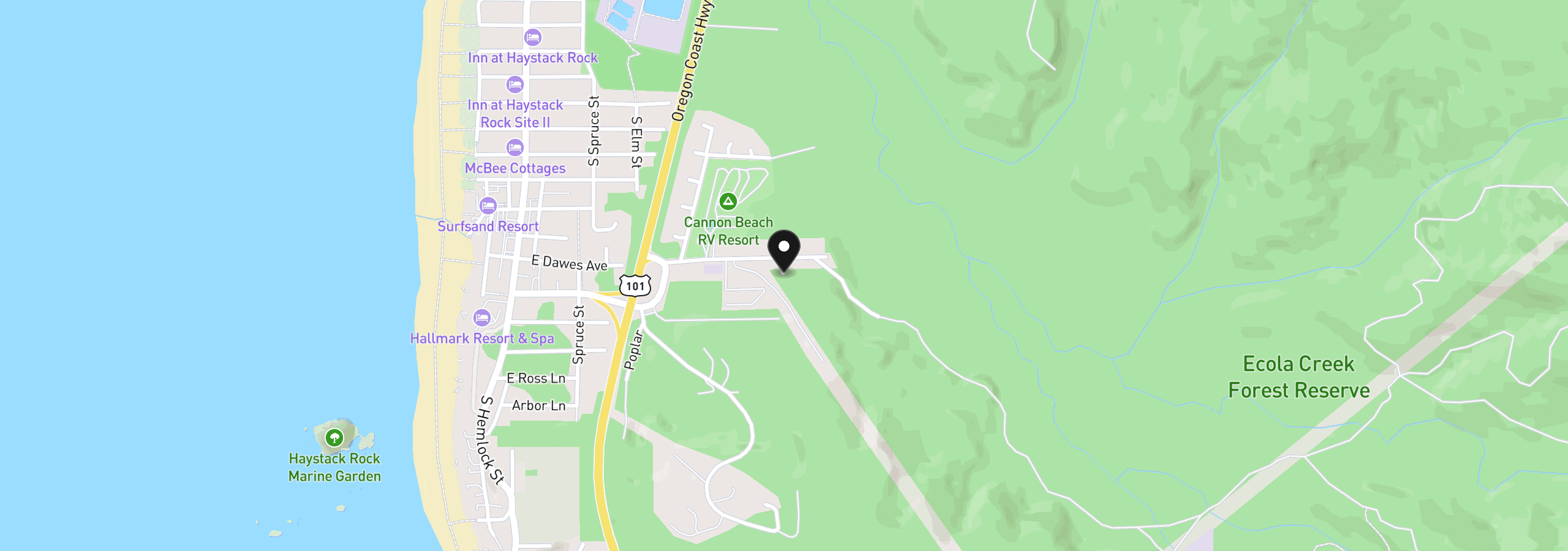 Map showing the location of 1345 Cascara Ln, Cannon Beach, OR 97110