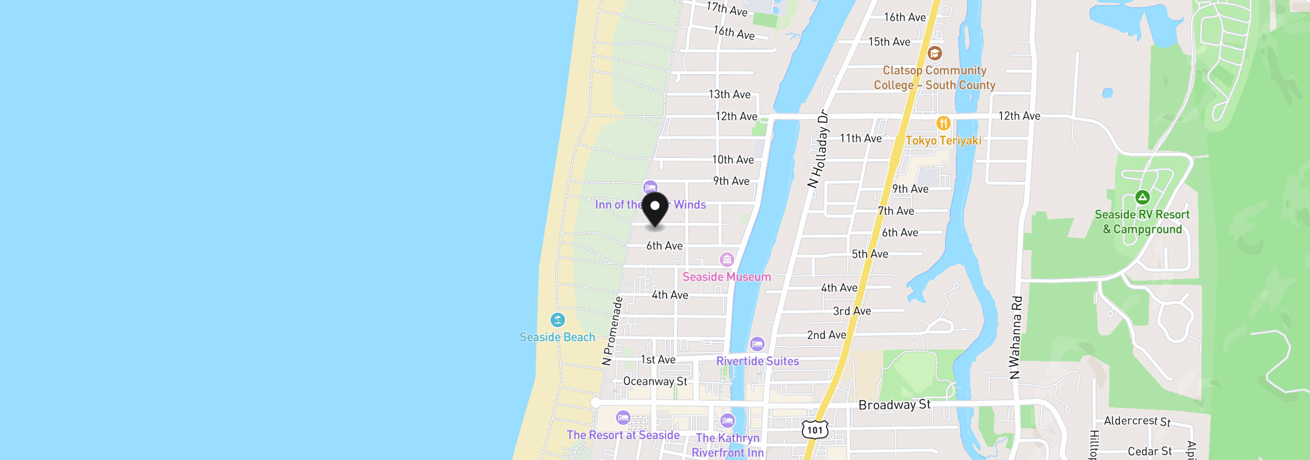 Map showing the location of 111 7th Ave, Seaside, OR 97138