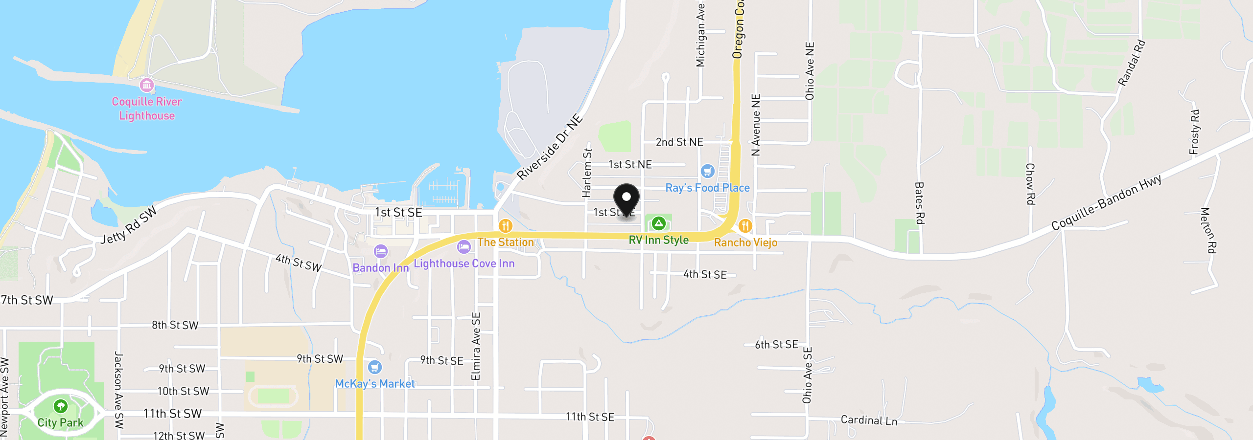 Map showing the location of 1st St SE 7800,01, Bandon, OR 97411