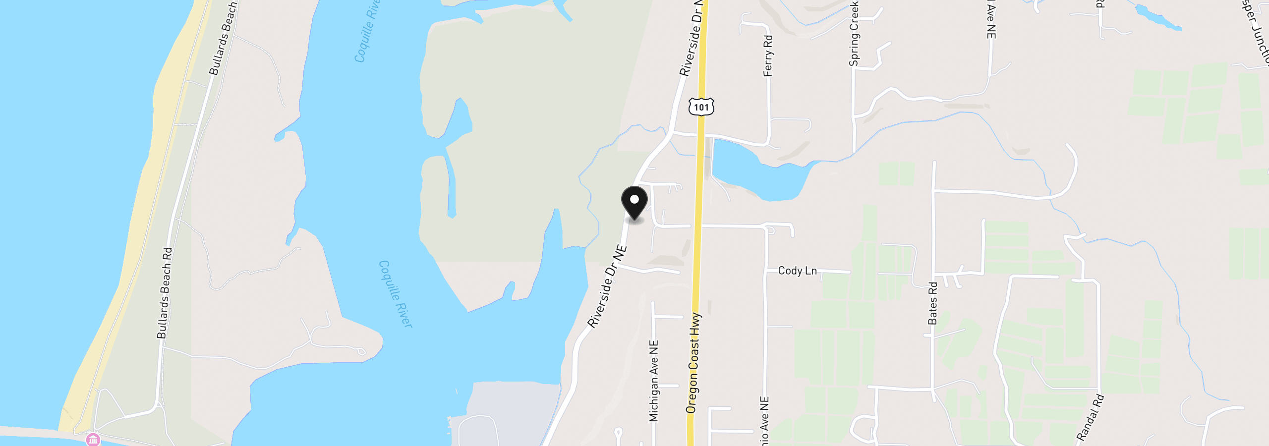 Map showing the location of 1310 Riverside Dr NE, Bandon, OR 97411