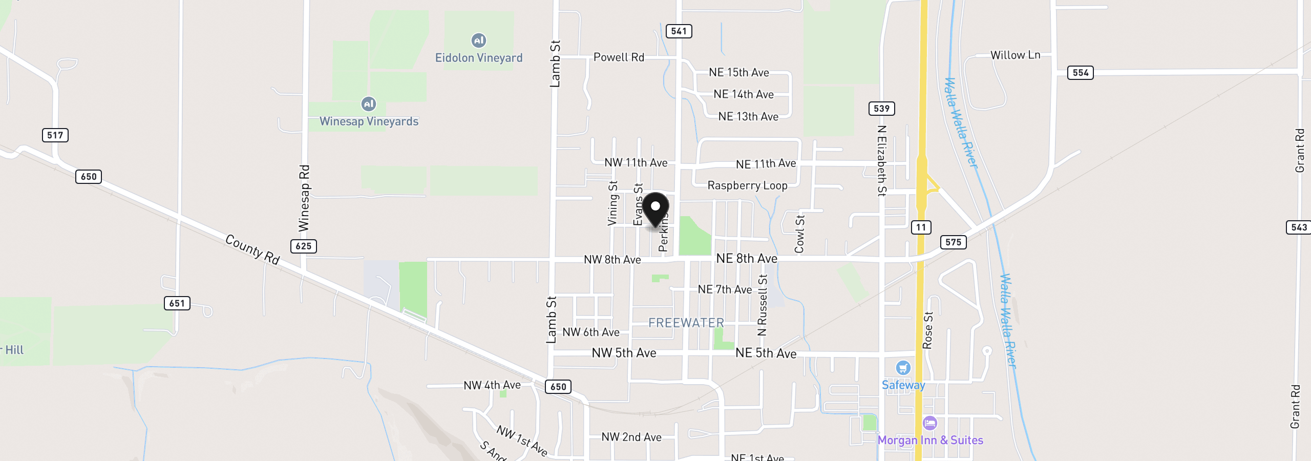 Map showing the location of 817 Perkins St, Milton-Freewater, OR 97862
