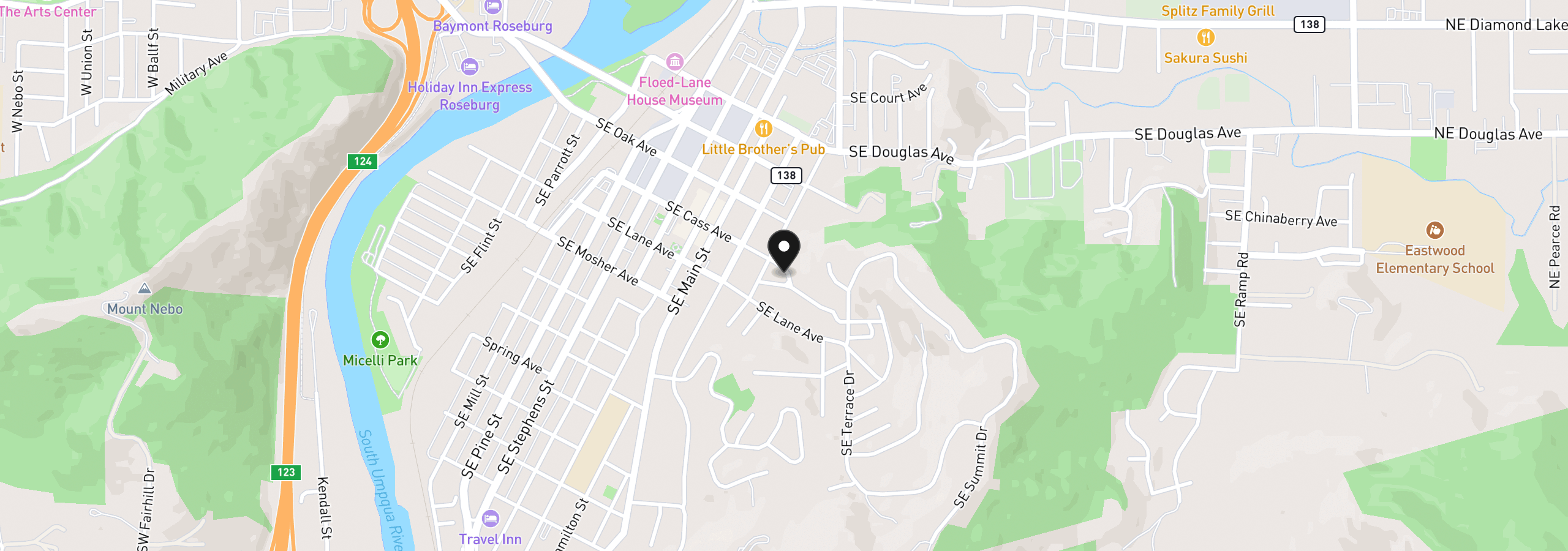 Map showing the location of 1235 SE Cass Ave, Roseburg, OR 97470