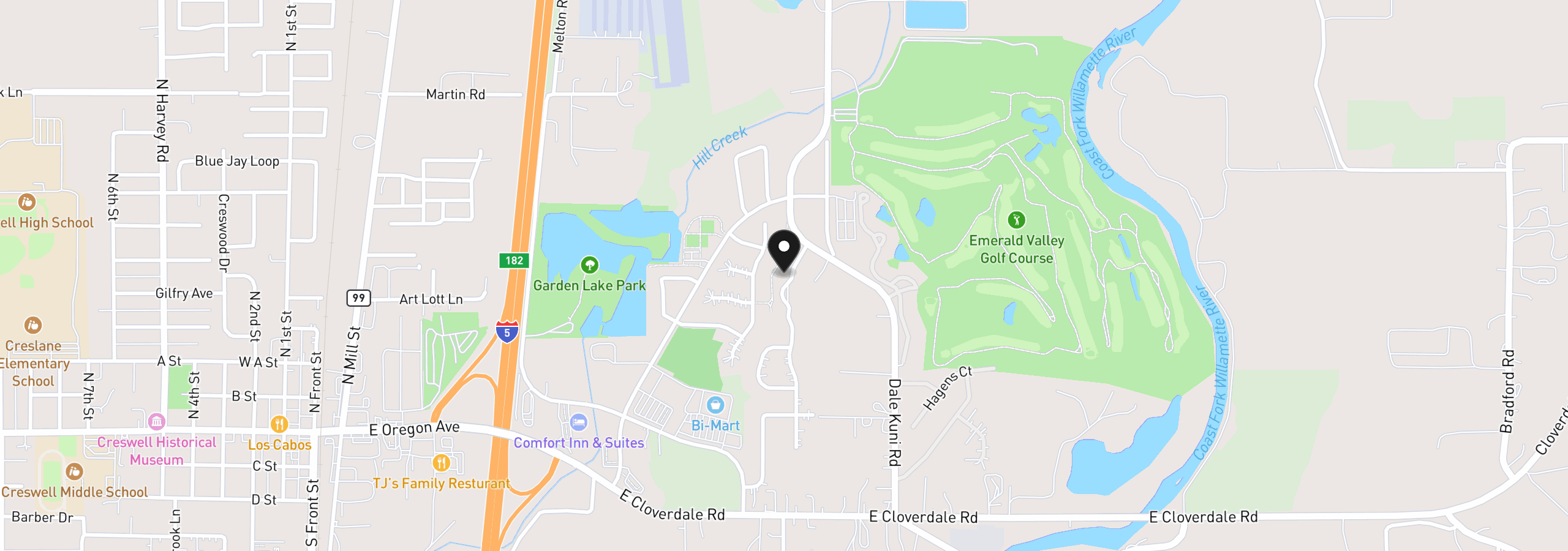Map showing the location of 375 Sunday Dr, Creswell, OR 97426