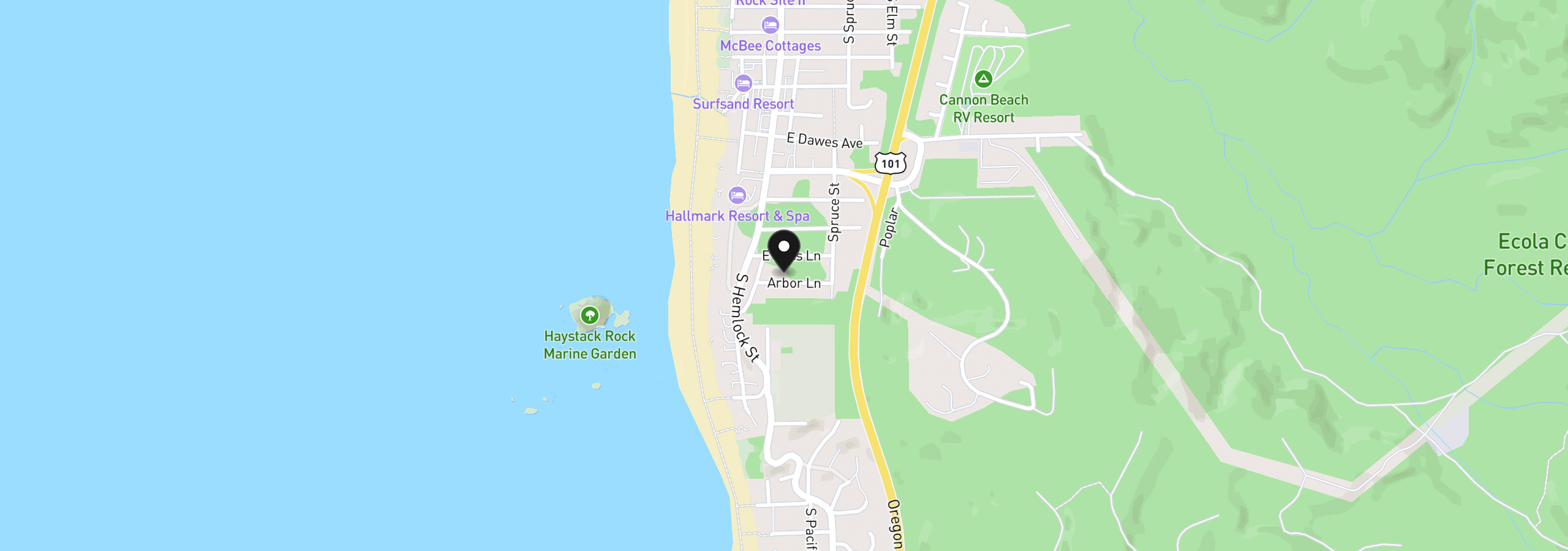 Map showing the location of 132 Arbor Ln, Cannon Beach, OR 97110