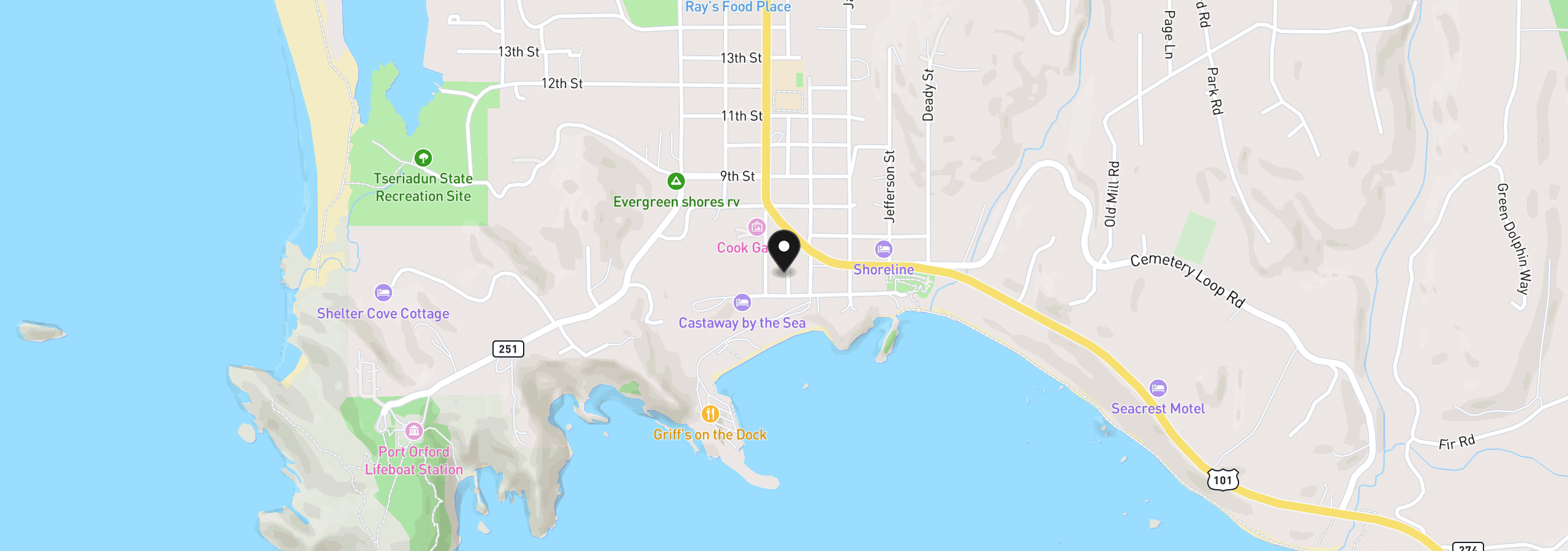 Map showing the location of 585 Tichenor St, Port Orford, OR 97465
